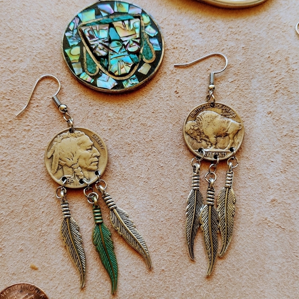 Vintage Handmade Real Buffalo Nickel Feather Dangle Silver Drop Hook Earrings - Picture 6 of 7